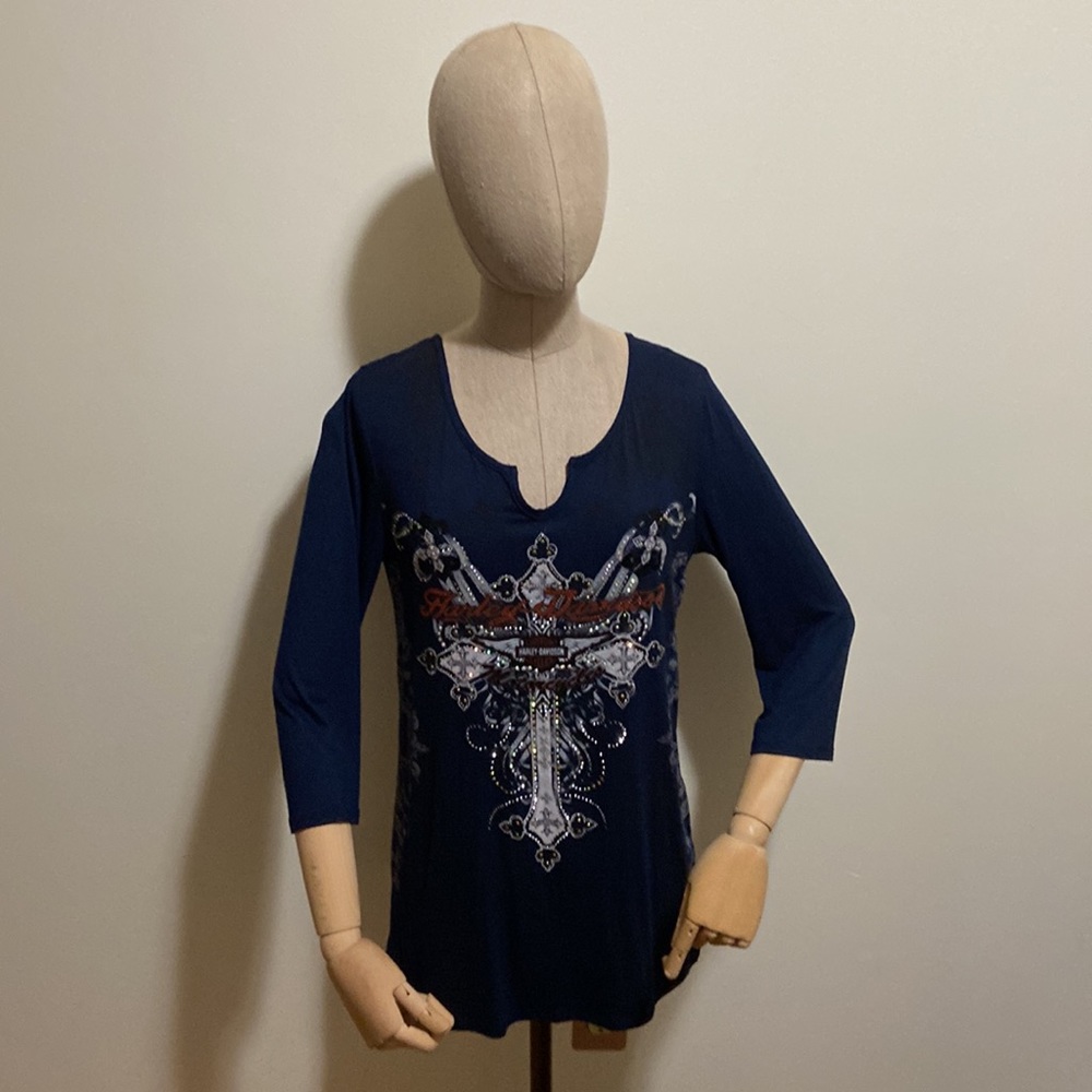 Harley Davison Navy 3 quarter length sleeve shirt.   D24